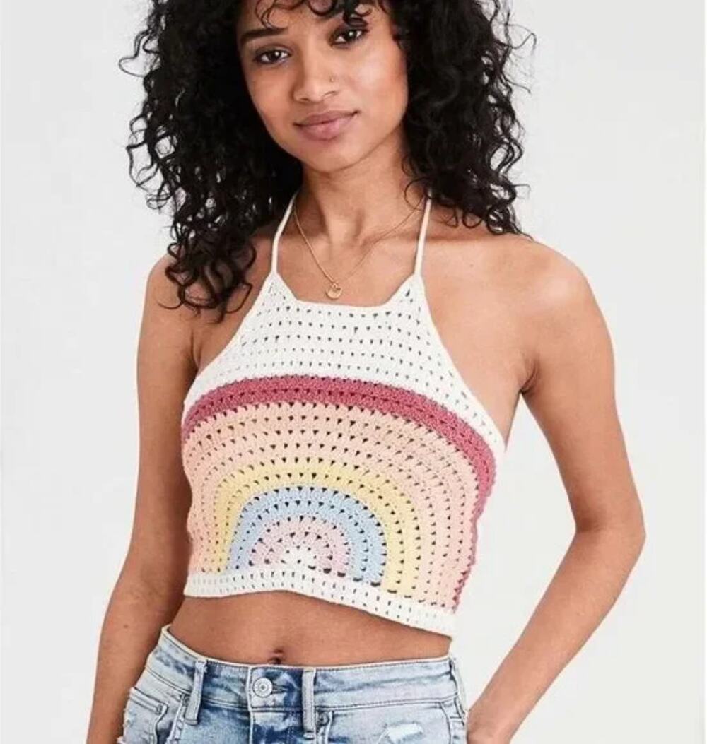 American Eagle Outfitters Womens Rainbow Cotton Crochet Halter Crop Top Size XS